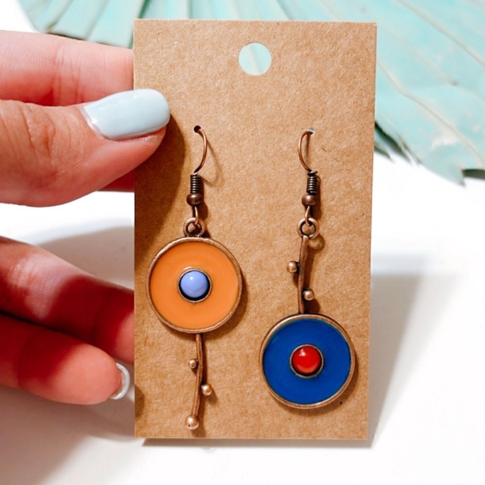 Free People Asymmetric Orange & Blue Disc Drop Earrings
